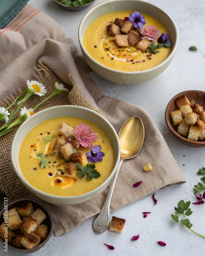 Elegant overhead image showcasing creamy autumn soup garnished with croutons and flowers