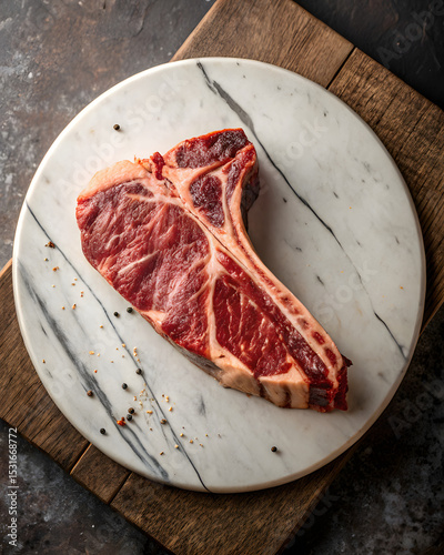 Freshly cut T-bone steak presented on a round marble plate