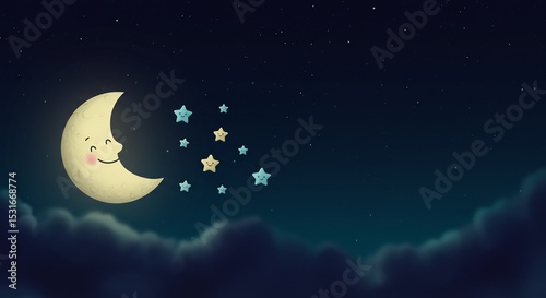 Smiling crescent moon gently dreams under soft night sky light. AI Generated