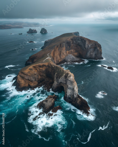 Drone view of a striking natural rock arch formation rising from the ocean along the Icelandic coastline