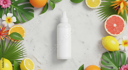 Natural Skincare Bottle, Tropical Fruit and Leaves