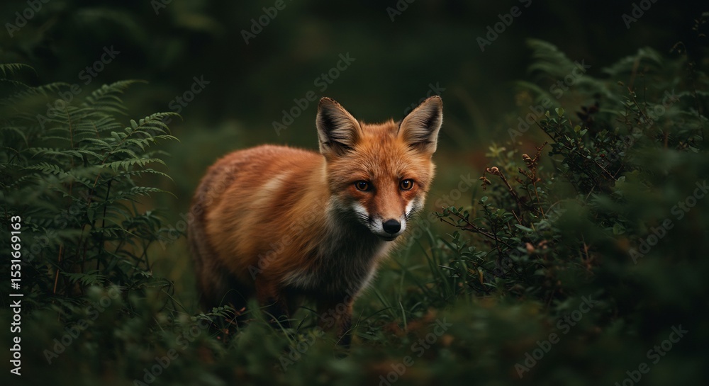 Fototapeta premium Red fox quietly stands amidst deep shadows lush green ferns. AI Generated