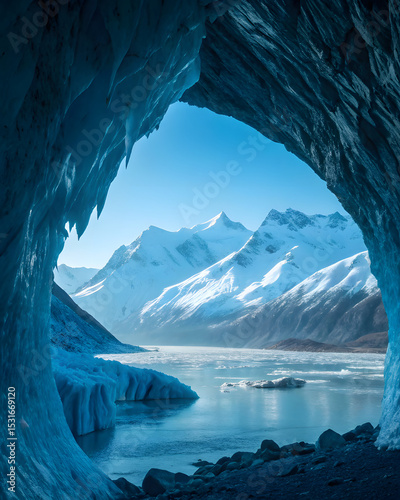 Stunning view from within a crystal-blue ice cave in Jokulsarlon, Iceland, framing the glacier lagoon and floating icebergs with snow-capped mountains in the background