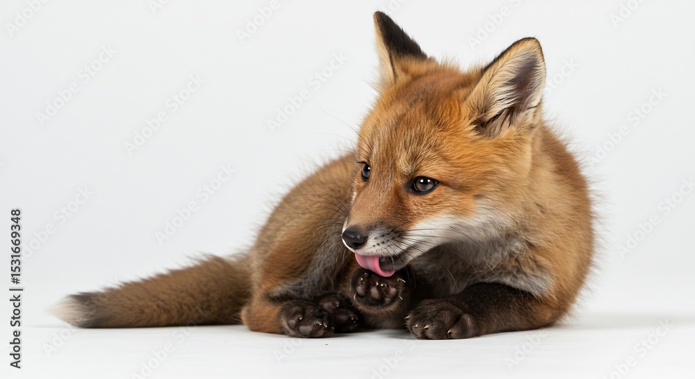 Obraz premium Adorable fox kit playfully cleans paws soft light studio shot. AI Generated