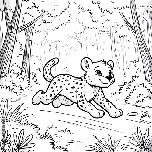 Cheetah cub running in the jungle coloring page