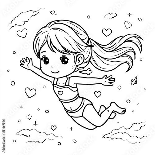 Cute little girl flying in the sky wearing swimsuit, coloring page for kids