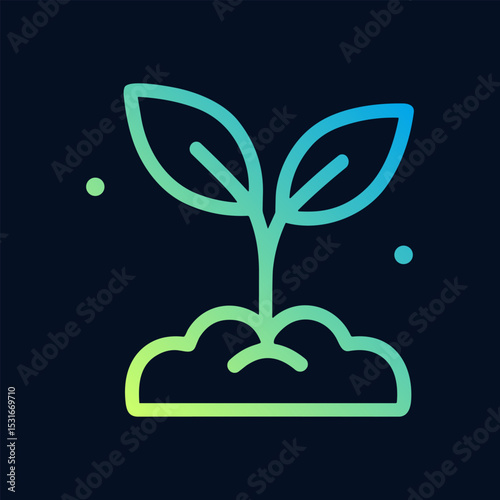 Gradient seedling sprouts from earthy mound. Icon symbol illustration