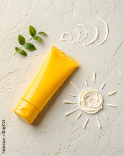 Yellow cosmetic tube on a pale surface with a sun shape created from cream