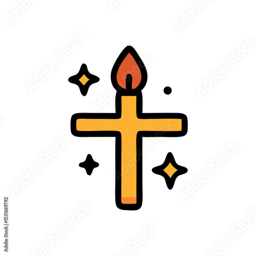 Golden Christian cross icon with a lit candle and sparkling highlights. Religious symbol concept