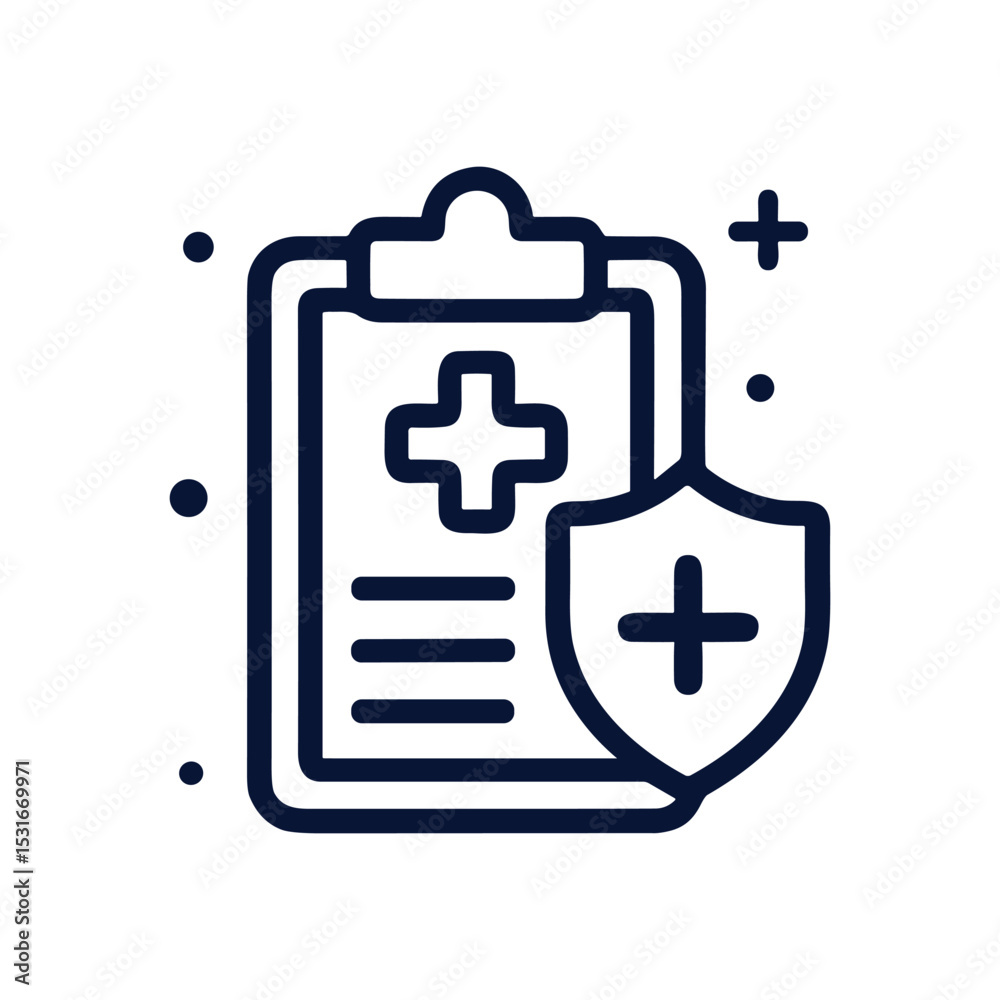 Fototapeta premium Medical health report protected by shield. Icon symbol illustration