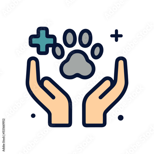 Caring hands protecting a pet paw. Icon symbol illustration