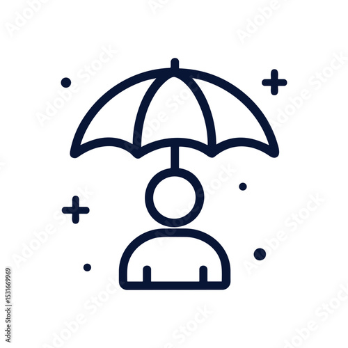 Protected individual under an umbrella of safety. Icon symbol illustration