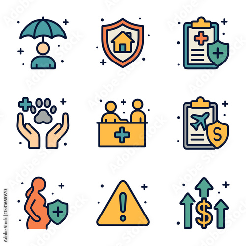 Colorful insurance icons arranged neatly. Icon symbol illustration