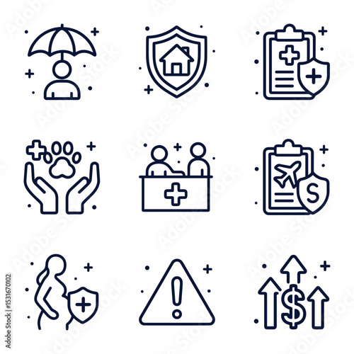 Protective insurance icon set diverse coverage. Icon symbol illustration