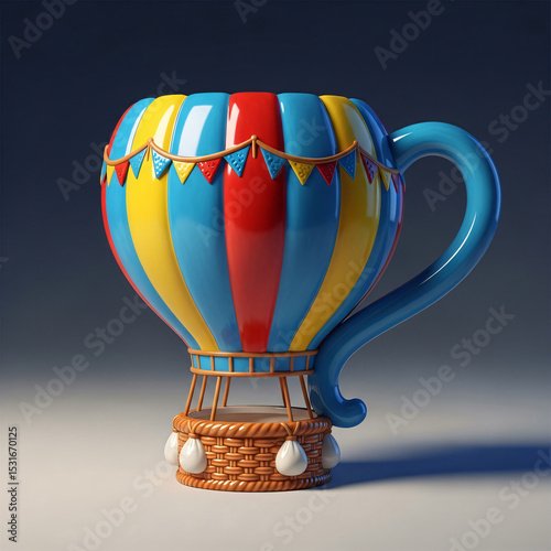 A colorful mug shaped like a hot air balloon with blue, yellow, and red stripes and a basket base.