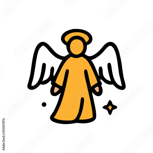Minimalist angel icon featuring a golden robe, halo, and outstretched wings. Religious concept