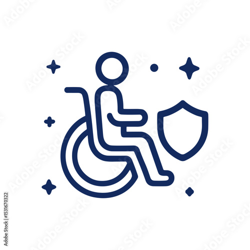 Protected wheelchair user surrounded by sparkles. Icon symbol illustration