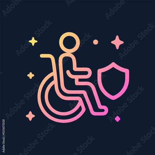 Person in wheelchair with a shield. Icon symbol illustration