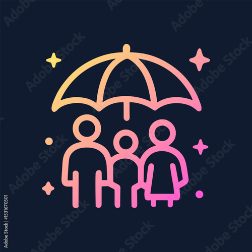 Family protected by insurance umbrella. Icon symbol illustration