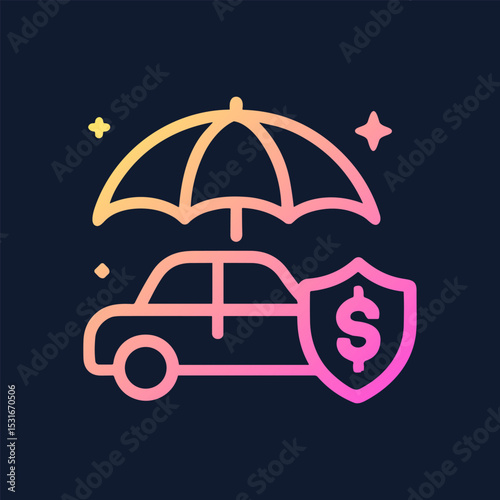 Protected car under an umbrella. Icon symbol illustration