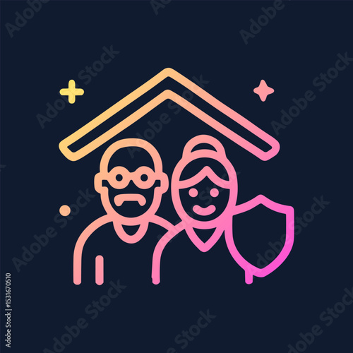 Elderly couple protected under roof. Icon symbol illustration