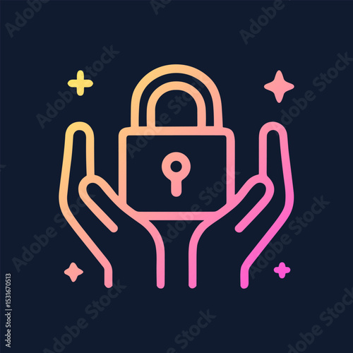 Glowing hands protecting a padlock. Icon symbol illustration