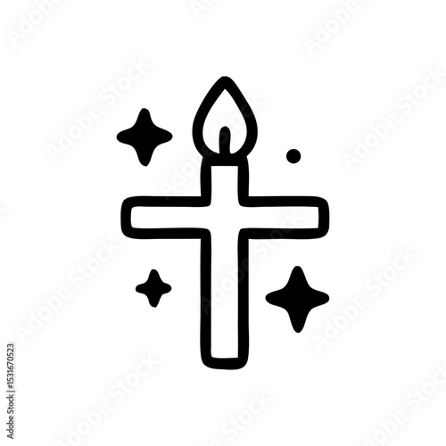 Simple black and white line art illustration of a christian cross with a burning candle flame and sparkling elements. Religious symbol concept