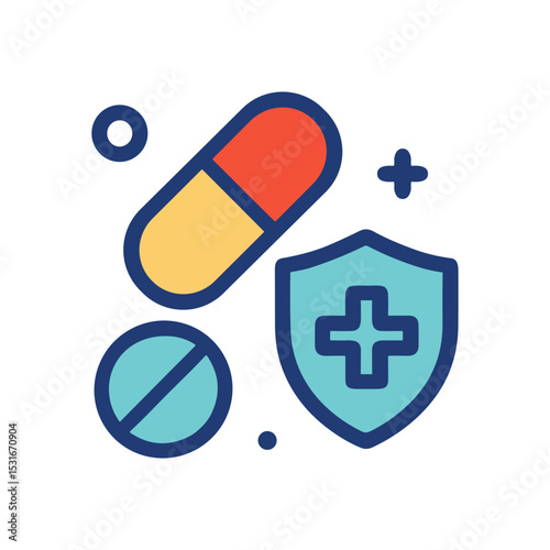 Colorful health protection emblem with pills. Icon symbol illustration