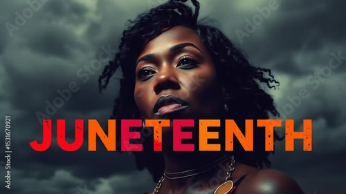 Black Woman Woman in background on Juneteenth Independence Day, June 19, Colorful text. Perfect for Greeting Cards for Juneteenth celebration. 4k video