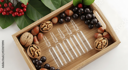 Natural Beauty, Ampoules and Nuts, Wooden Tray