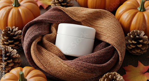 Autumn Skincare Still Life-Pumpkins, Scarf, and Cream