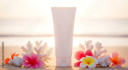 Sunscreen on Beach, Tropical Flowers and Coral
