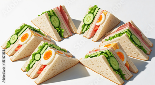 Circular arrangement of triangular sandwiches with cucumbers, eggs, lettuce, cheese, and meat.