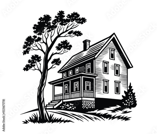 Farmhouse Silhouette Vector, Black Farm Vector, Farmhouse and Crops Silhouette, Agricultural Landscape Icon, Rustic Farm Scene Vector.
