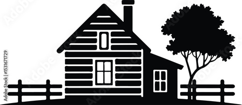 Farmhouse Silhouette Vector, Black Farm Vector, Farmhouse and Crops Silhouette, Agricultural Landscape Icon, Rustic Farm Scene Vector.