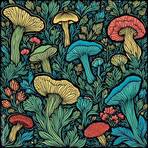 Cool and colorful mushroom art full of funky shapes, cute flowers, and jungle vibes. Like a magical forest party!