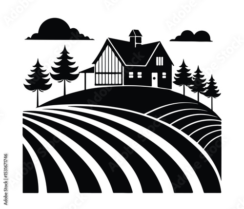Farmhouse Silhouette Vector, Black Farm Vector, Farmhouse and Crops Silhouette, Agricultural Landscape Icon, Rustic Farm Scene Vector.
