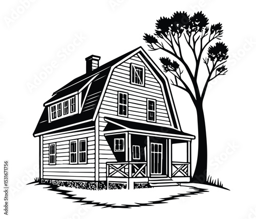 Farmhouse Silhouette Vector, Black Farm Vector, Farmhouse and Crops Silhouette, Agricultural Landscape Icon, Rustic Farm Scene Vector.