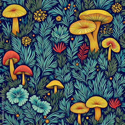Cool and colorful mushroom art full of funky shapes, cute flowers, and jungle vibes. Like a magical forest party!