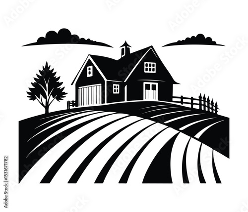 Farmhouse Silhouette Vector, Black Farm Vector, Farmhouse and Crops Silhouette, Agricultural Landscape Icon, Rustic Farm Scene Vector.