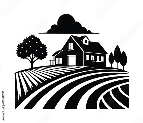 Farmhouse Silhouette Vector, Black Farm Vector, Farmhouse and Crops Silhouette, Agricultural Landscape Icon, Rustic Farm Scene Vector.