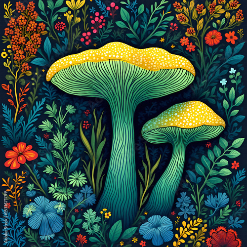 Cool and colorful mushroom art full of funky shapes, cute flowers, and jungle vibes. Like a magical forest party!