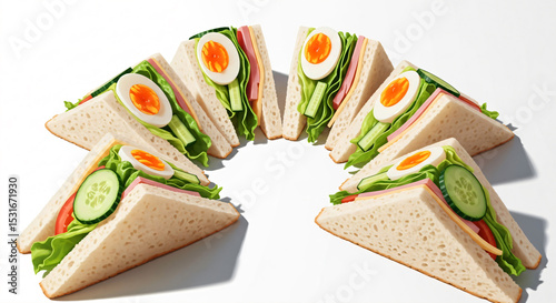 Fan-shaped arrangement of sandwich triangles with lettuce, cucumber, cheese, ham, and boiled egg slices.