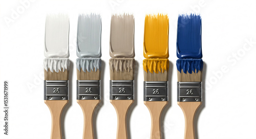 Five paintbrushes, each with a different color white, light gray, beige, yellow, and blue.