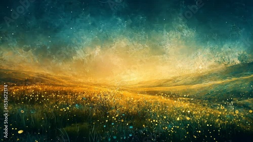 Dreamlike landscape; golden field, glowing particles,  dark teal sky, gentle hills
