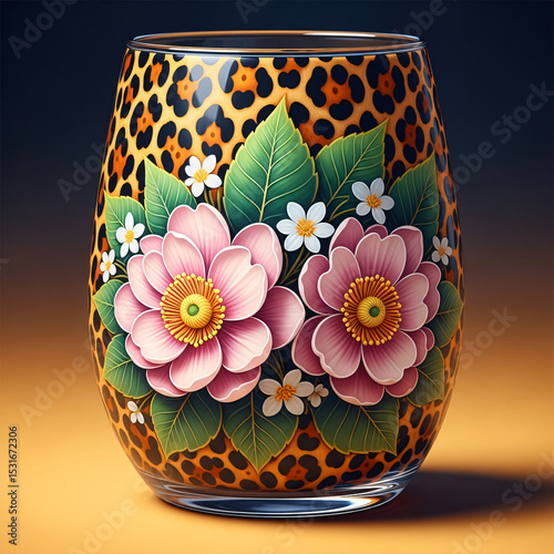 Glass vase with leopard print, pink flowers, and green leaves.
