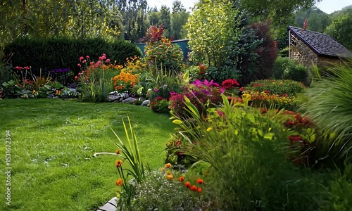 Vibrant Flower Garden with Lush Greenery Plants and Bright Sunlight in a Backyard Landscape