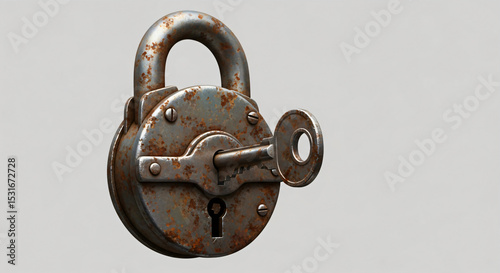 Rusted vintage padlock with a key inserted against a gray background.