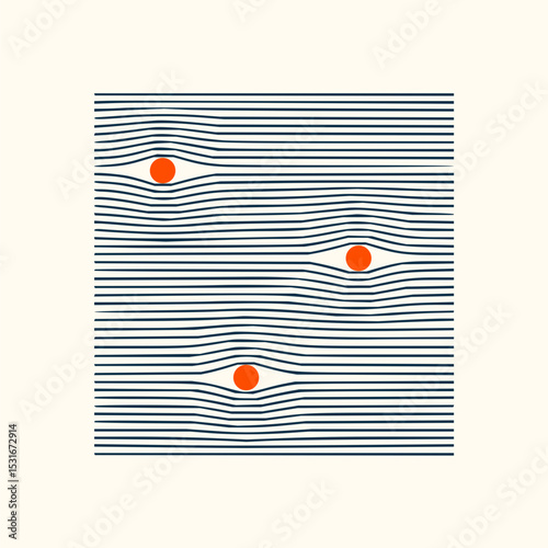 Minimilist abstract art featuring horizontal lines with distortions and three orange circles on a light background vector