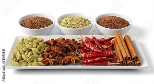 Various spices on a white platter and in bowls, including cardamom, star anise, red chili peppers, cinnamon sticks, flaxseeds, and fennel seeds.